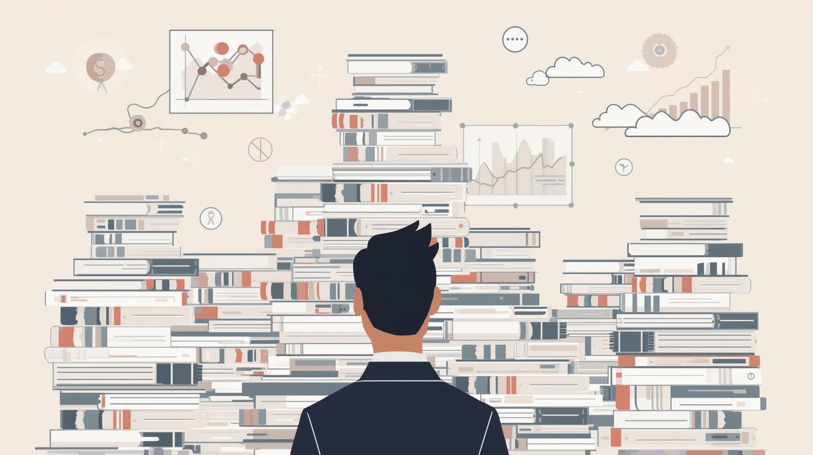 A business professional buried under stacks of operational tasks like compliance,