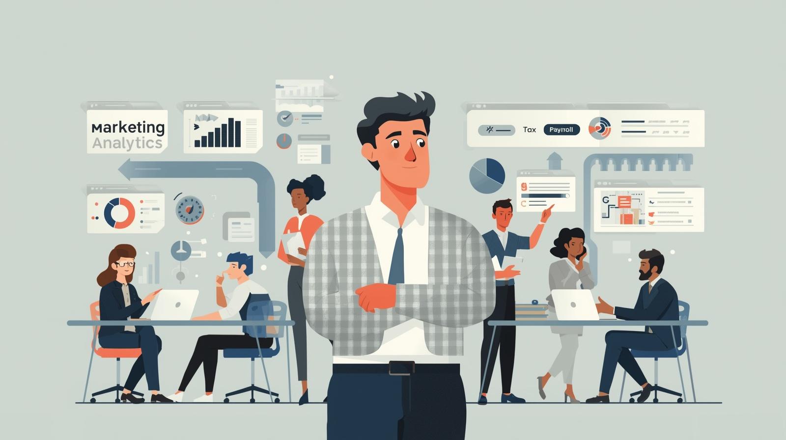 Premium SaaS style illustration of a founder confidently leading a company